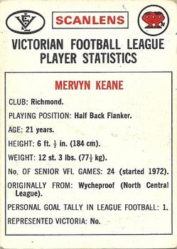1974 Scanlens VFL #92 Mervyn Keane Back
